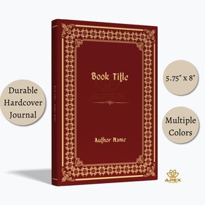 Könnte beinhalten: Ein dunkelrotes Hardcover-Notizbuch mit goldenem, verziertem Rand sowie dem Text Book Title und Author Name auf dem Einband. Das Notizbuch misst 14,6 cm mal 20,3 cm. Der Buchrücken zeigt den Text Book Title und Author Name in Gold.