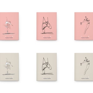 May include: Six rectangular notebooks in pink and beige, each featuring a black line art illustration of a ballet dancer or pointe shoes. The name Jayden Smith is printed at the bottom of each cover, accompanied by two small white heart icons.