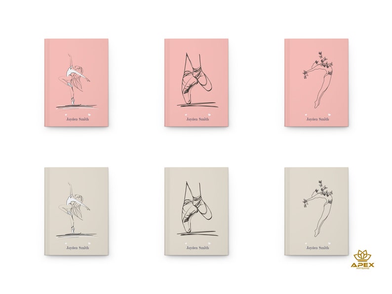 May include: Six rectangular notebooks in pink and beige, each featuring a black line art illustration of a ballet dancer or pointe shoes. The name Jayden Smith is printed at the bottom of each cover, accompanied by two small white heart icons.