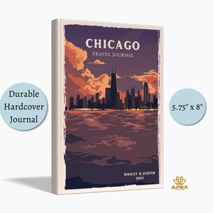 Carnet de voyage rétro à Chicago, cadeau de vacances personnalisé dans la ville des vents, carnet de croquis sur le lac Michigan, livre de souvenirs de lune de miel dans l'Illinois