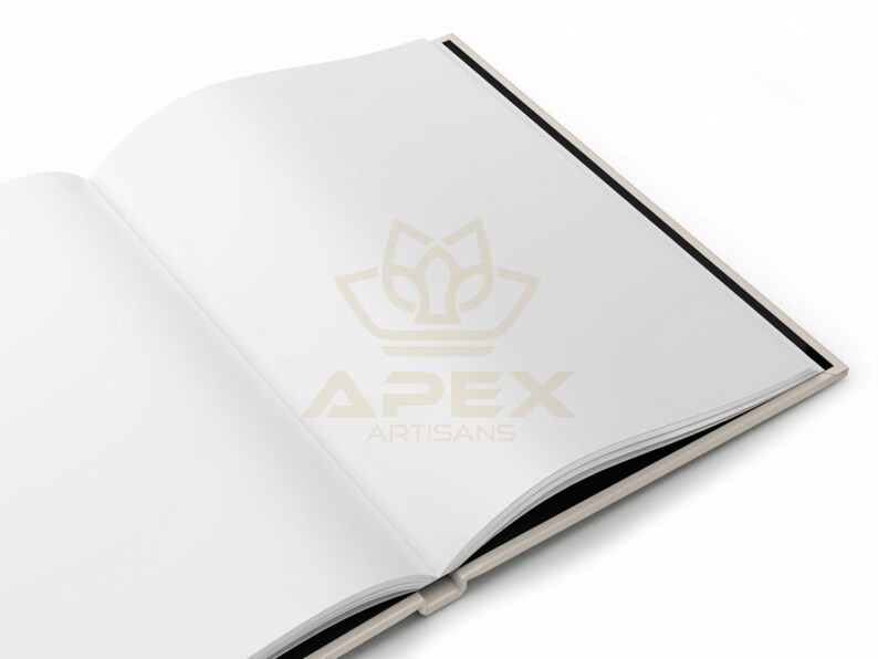 May include: An open book with blank white pages, featuring a light beige cover and a black spine. The center of the pages displays a faint, light beige logo with the text APEX ARTISANS printed in a clean, sans-serif font on the right page.