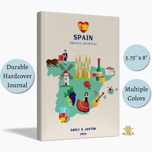 Diario di viaggio in Spagna, regalo di viaggio in Spagna, quaderno personalizzato per le vacanze in Spagna, regalo di Natale per la luna di miele in Spagna, album da disegno con mappa della Spagna, libro dei ricordi di viaggio