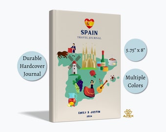 Spain Travel Journal - Personalized Vacation Notebook, Spain Honeymoon Gift, Map Memory Book