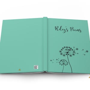 May include: A teal hardcover book laid open to show the front and back covers. The front cover features the black text "Riley's Poems" above a black graphic of two dandelion seed heads. A small QR code is printed on the back cover.