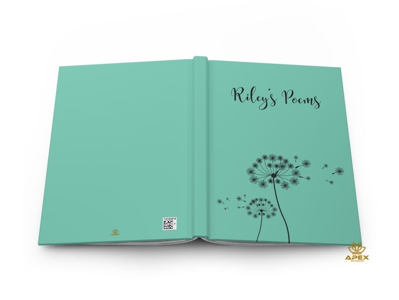 May include: A teal hardcover book laid open to show the front and back covers. The front cover features the black text "Riley's Poems" above a black graphic of two dandelion seed heads. A small QR code is printed on the back cover.