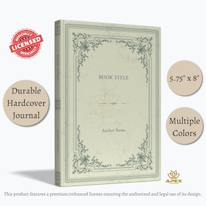 Op de afbeelding: Een lichtgroen hardcover dagboek van 14,6 cm bij 20,3 cm, voorzien van een decoratieve donkergroene rand, de tekst BOOK TITLE en Author Name op de voorkant, en de titel en auteursnaam op de rug van het boek.