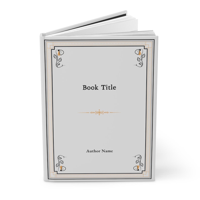 以下が含まれることがあります： 装飾的な枠と「Book Title」と「Author Name」という黒いテキストが書かれた白い本の表紙