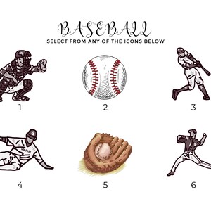 May include: An illustration with the word "BASEBALL" above six baseball-themed icons. The icons include a catcher, a baseball, a batter, a sliding player, a glove with a ball, and a pitcher.