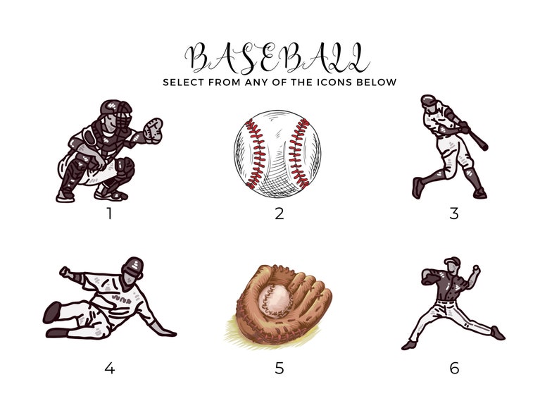 May include: An illustration with the word "BASEBALL" above six baseball-themed icons. The icons include a catcher, a baseball, a batter, a sliding player, a glove with a ball, and a pitcher.