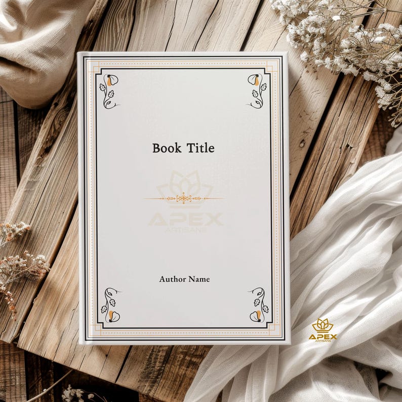以下が含まれることがあります： 黒と金のフローラルデザインが施された白い本の表紙。タイトル「Book Title」と著者名「Author Name」が黒で印刷されています。