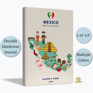 Mexico reisdagboek, Mexicaans reiscadeau, aangepast vakantienotitieboekje Mexico-stad, huwelijksreiscadeau Playa del Carmen, plakboek kaart Mexico