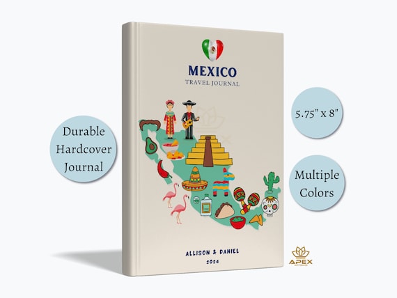 Mexico Travel Journal - Personalized Vacation Notebook, Mexico City Cancun Honeymoon Gift, Map Memory Book