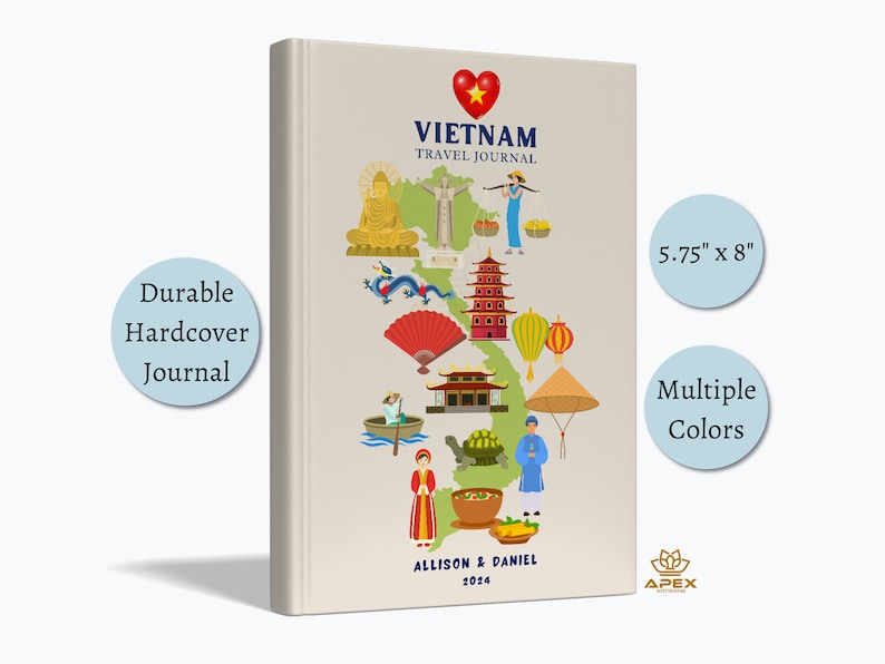 Carnet de voyage Vietnam, cadeau vietnamien, carnet de vacances personnalisé à Ho Chi Minh, cadeau lune de miel à Nha Trang, carnet de croquis de carte du Vietnam, livre de souvenirs Pearl Bush