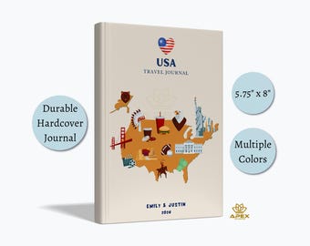 Diario de viaje por EE. UU. - Cuaderno personalizado para vacaciones en Estados Unidos, regalo para luna de miel en EE. UU., libro de recuerdos con mapas