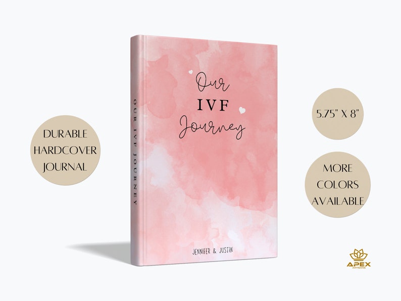 May include: Pink watercolor journal with the text "Our IVF Journey" and the names "Jennifer & Justin" on the cover. The journal is 5.75 inches by 8 inches and has a durable hardcover.