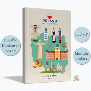 Può includere: Un diario di viaggio con copertina rigida con un'illustrazione colorata della Polonia. La copertina presenta monumenti iconici, abiti tradizionali e una bandiera polacca a forma di cuore. Il diario misura 5,75 pollici per 8 pollici ed è disponibile in diversi colori.