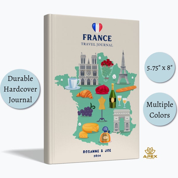 France Travel Journal, French Gift, Custom France Vacation Notebook, Paris Honeymoon Gift, Tour de France Sketchbook, Map of France Book