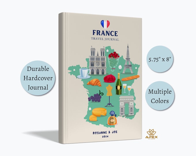 Diario de viajes de Francia, Regalo francés, Cuaderno de vacaciones personalizado en Francia, Regalo de luna de miel en París, Cuaderno de bocetos del Tour de Francia, Libro del mapa de Francia