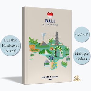 Bali Travel Journal, Bali Travel Gift, Personalized Bali Vacation Notebook, Bali Honeymoon Gift, Bali Map Sketchbook