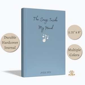 May include: A light blue hardcover journal measuring 5.75 inches by 8 inches. The front cover features the text 'The Songs Inside My Head' in black script, a small white musical note icon with a heart, and the name 'JAYDEN SMITH' at the bottom.