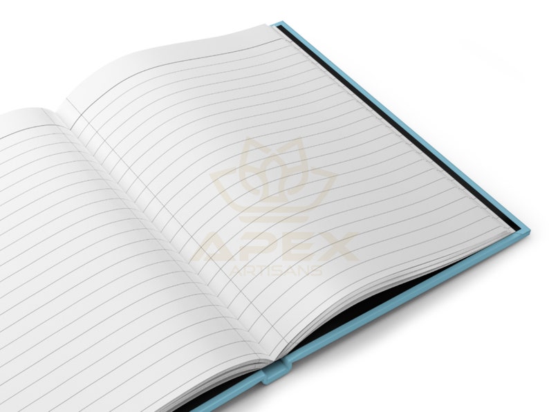 May include: An open notebook with light blue covers and white lined pages. The center of the pages features a faint, watermark-style logo with a stylized lotus shape above the text APEX ARTISANS in a light brown color on the white paper.