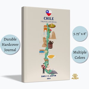Carnet de voyage Chili, cadeau de voyage Chili, carnet personnalisé de vacances chiliennes, cadeau lune de miel Torres del Paine, carnet de croquis de carte du drapeau du Chili