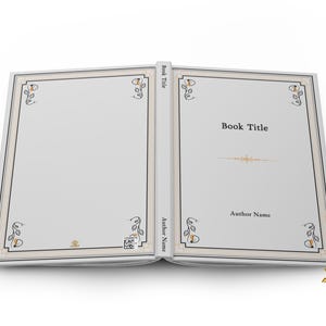 以下が含まれることがあります： 黒と金の装飾的な縁取りが施された白い本。本には「Book Title」と「Author Name」のテキストが書かれたタイトルページがあります。