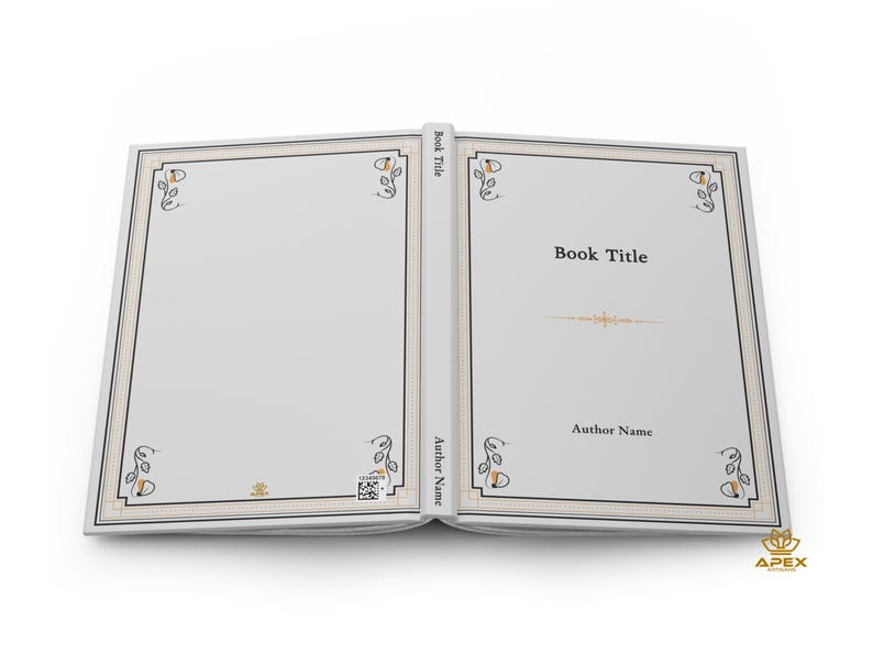 以下が含まれることがあります： 黒と金の装飾的な縁取りが施された白い本。本には「Book Title」と「Author Name」のテキストが書かれたタイトルページがあります。
