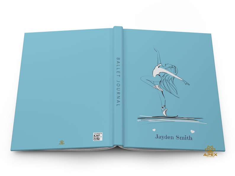 May include: A light blue journal with a black line art illustration of a ballet dancer on the front cover. The spine reads BALLET JOURNAL. The name Jayden Smith is printed below the dancer with two small white hearts. A QR code is on the back.