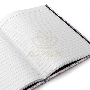 May include: An open notebook with lined pages and a floral patterned cover. The cover is a mix of pink, purple, and white.