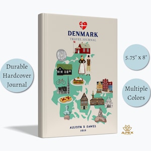 Denemarken reisdagboek, Deens reiscadeau, gepersonaliseerd Denemarken vakantienotitieboekje, Denemarken huwelijksreiscadeau, Denemarken kaart schetsboek