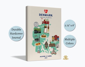 Diario de viaje a Dinamarca - Cuaderno de vacaciones personalizado, regalo de luna de miel en Copenhague, libro de recuerdos con mapa de Dinamarca