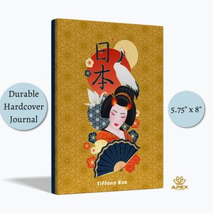 Japanese Notebook with Geisha and Koi Art, Maneki Neko Journal, Custom Japan Gift, Zen Sketchbook, Origami Travel Memory Book