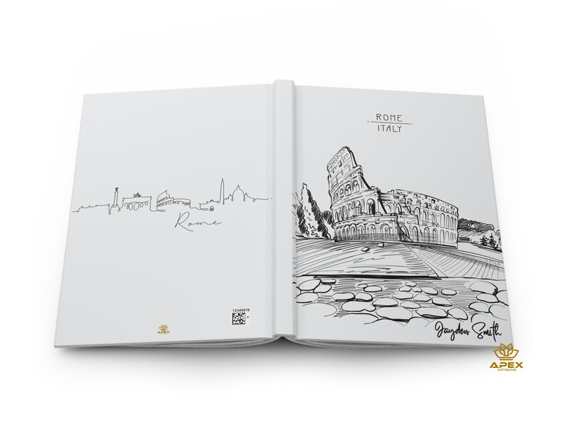Peut inclure: Un croquis en noir et blanc du Colis&eacute;e &agrave; Rome, en Italie. Le croquis se trouve sur la page de droite d'un carnet ouvert. La page de gauche pr&eacute;sente un croquis en noir et blanc de l'horizon de Rome.