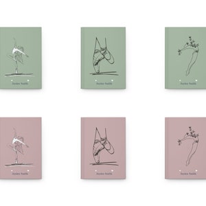 May include: Six rectangular notebooks in sage green and dusty rose colors. Each cover features a black line art illustration of a ballet dancer or pointe shoes, the name Jayden Smith, and two small heart icons printed at the bottom center.