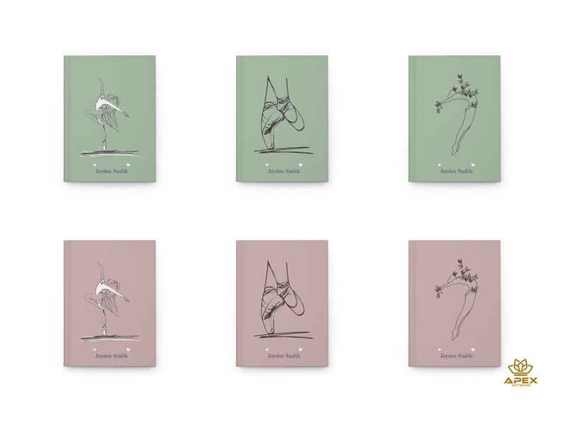 May include: Six rectangular notebooks in sage green and dusty rose colors. Each cover features a black line art illustration of a ballet dancer or pointe shoes, the name Jayden Smith, and two small heart icons printed at the bottom center.
