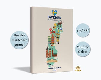 Diario de viaje a Suecia, regalo de viaje a Suecia, cuaderno personalizado para vacaciones en Estocolmo, regalo de luna de miel en Gotemburgo, álbum de recortes con mapas de Suecia
