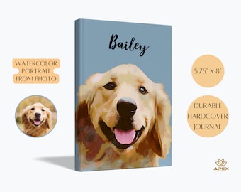 Custom Pet Portrait Journal, Custom Notebook with Dog Cat Portrait, Watercolor Illustration from Photo, Custom Pet Art, Pet Memory Book