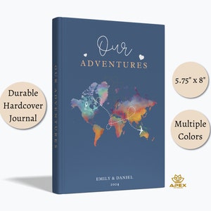 Personalized Travel Journal, Our Adventures Couple Notebook, Custom World Map Travel Diary, Lined Hardcover Journal Travel Gift Idea