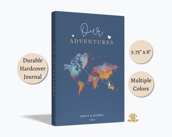 Carnet de voyage personnalisé, carnet de notes pour couple Nos aventures, carte du monde personnalisée, carnet de notes à couverture rigide doublé, idée cadeau de voyage
