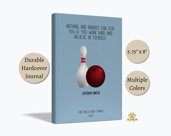 May include: A light blue hardcover journal measuring 5.75 inches by 8 inches. The cover features a white bowling pin with red stripes, a dark red bowling ball, and the text: NOTHING AND NOBODY CAN STOP YOU IF YOU WORK HARD AND BELIEVE IN YOURSELF. JAYDEN SMITH. SAN DIEGO HIGH SCHOOL 2013.