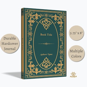 Puede incluir: Un diario de tapa dura verde con un diseño dorado ornamentado. El diario mide 5,75 pulgadas por 8 pulgadas y está disponible en varios colores. El texto "Book Title" y "Authors Name" está impreso en la portada.
