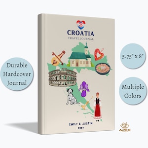 Puede incluir: Un diario de viaje con una cubierta beige que presenta un mapa de Croacia con ilustraciones de monumentos emblemáticos, incluyendo una iglesia, un corazón, un dálmata, una mujer con ropa tradicional y un plato de comida. El texto "CROATIA TRAVEL JOURNAL" está impreso en la cubierta, junto con las dimensiones "5.75" x 8".