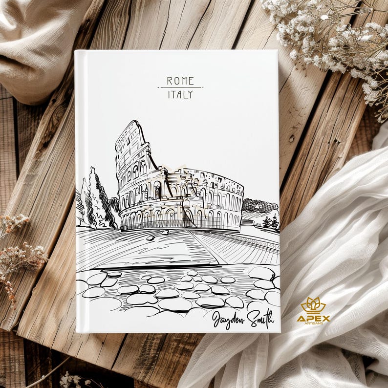 Peut inclure: Un dessin au trait noir et blanc du Colis&eacute;e &agrave; Rome, en Italie. Le dessin est sur fond blanc avec le texte "ROME ITALIE" au-dessus du dessin. Le texte "Jayden Smith" est &eacute;crit en cursive en bas de la page.