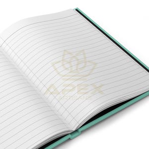 May include: An open notebook with lined white pages and a light teal cover. The interior pages feature thin horizontal black lines for writing. A faint watermark logo with the text APEX ARTISANS is visible in the center of the open notebook pages.