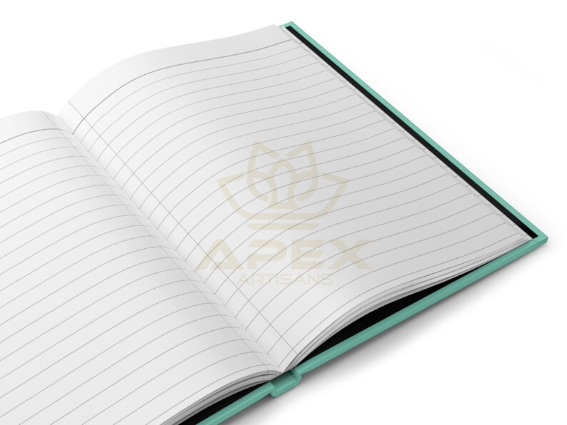 May include: An open notebook with lined white pages and a light teal cover. The interior pages feature thin horizontal black lines for writing. A faint watermark logo with the text APEX ARTISANS is visible in the center of the open notebook pages.