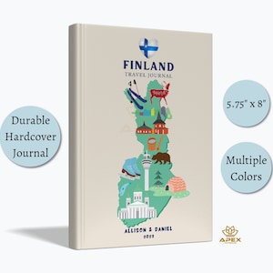 Carnet de voyage en Finlande, cadeau de voyage en Finlande, carnet de vacances personnalisé en Finlande, cadeau lune de miel en Laponie Helsinki, carnet de croquis de carte de la Finlande