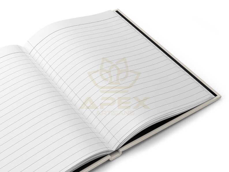 May include: An open notebook with white lined pages. The centre of the pages features a light tan logo of a stylised lotus flower above the text APEX ARTISANS. The notebook has a light-coloured cover and a black spine visible at the binding.