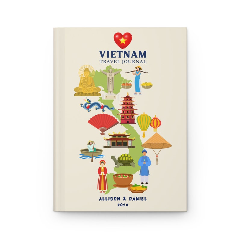 Carnet de voyage Vietnam, cadeau vietnamien, carnet de vacances personnalisé à Ho Chi Minh, cadeau lune de miel à Nha Trang, carnet de croquis de carte du Vietnam, livre de souvenirs Beige