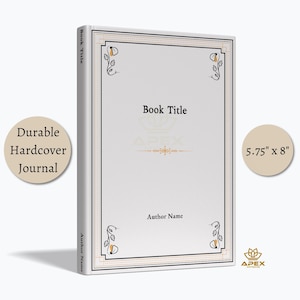以下が含まれることがあります： 装飾的な枠と「Book Title」と「Author Name」のテキストが書かれた白いハードカバーのジャーナル。ジャーナルのサイズは14.6cm x 20.3cmです。